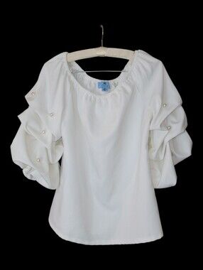 Cece White Blouse Puff Sleeves Pearl Accent M